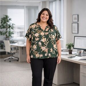 Maurices 3X Green Floral V-Neck Blouse | Plus Size Flowy Business Casual Top